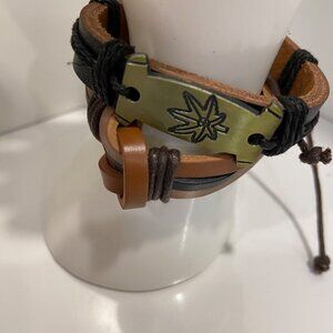 Pot Leaf Weed Leather 2 Bracelet duo Set With Metal Plate & Adjustable Strap